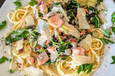 Creamy Salmon in White Wine with Garlic, Chili, Gorgonzola, and Fresh Herbs