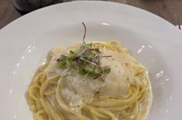 Delicious spaghetti Alfredo from a local restaurant in my city