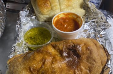 Stromboli, with fresh bread and dipping oil.