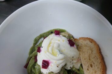 Homemade spinach pasta, pickled beets, whipped ricotta