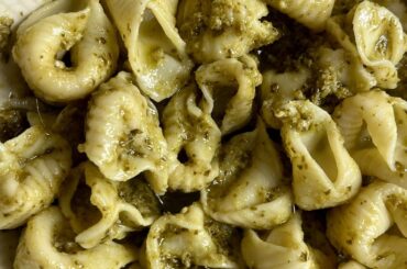 Homemade Su Pitzosu with basil pesto