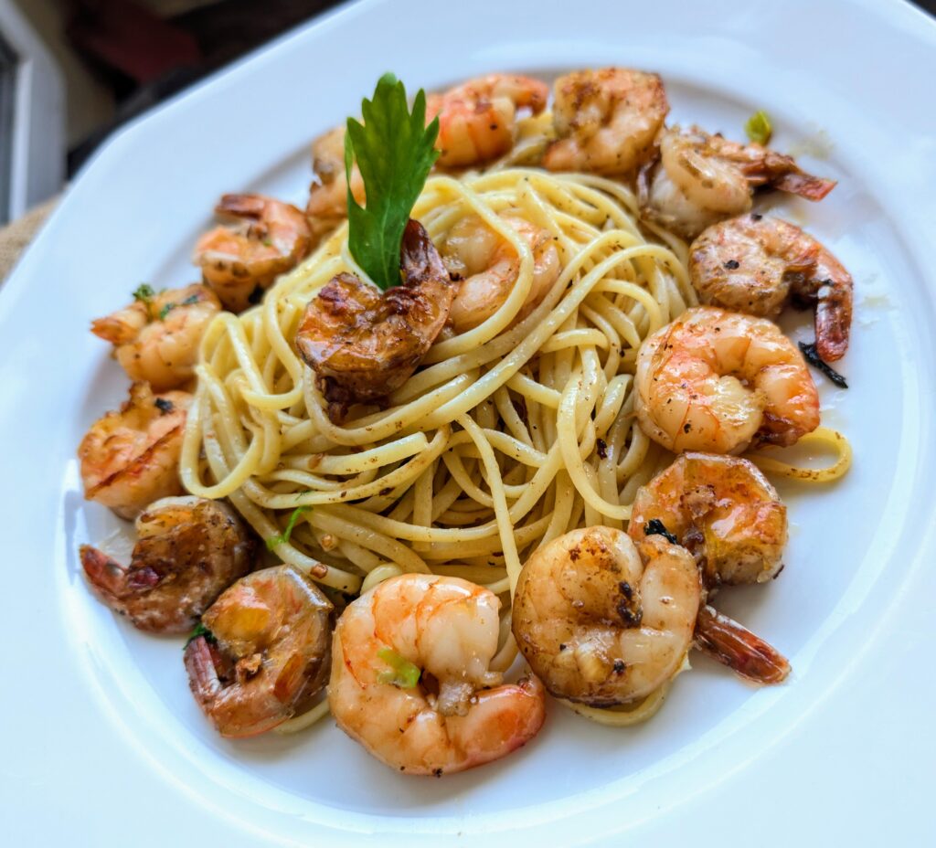 Garlic Chili Scampi’s on linguine Garlic Chili Scampi's on linguine