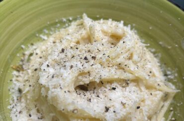 Some spaghetti with homemade light Alfredo sauce. Didn’t go light with the parm and black pepper though