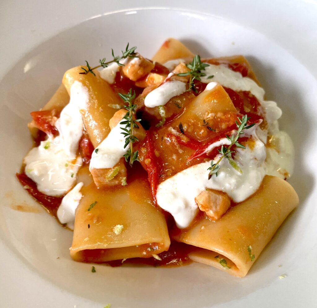 paccheri with swordfish, cherry tomatoes, burrata, lime and thyme.