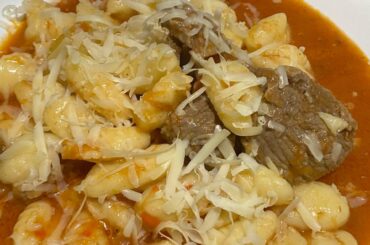 Home made nocchis with meat and tomatoe and olive sauce 🤤