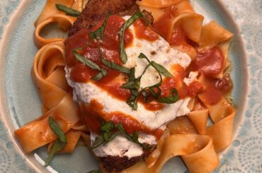 Homemade chicken parm and marinara with pappardelle