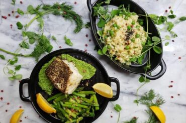Branzino and Pea Shoot Risotto with a Watercress and Basil Pesto