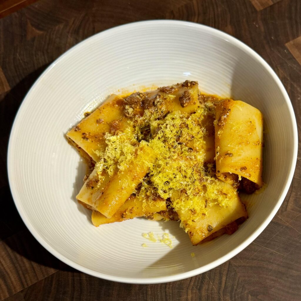 [i made] Paccheri pasta with bolognese and cured duck egg yolk [OC]