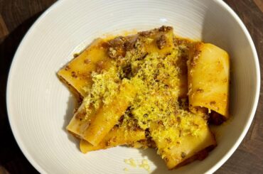 [i made] Paccheri pasta with bolognese and cured duck egg yolk [OC]