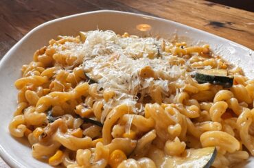 Casarecce with corn, zucchini, Calabrian chili, and a lime butter sauce