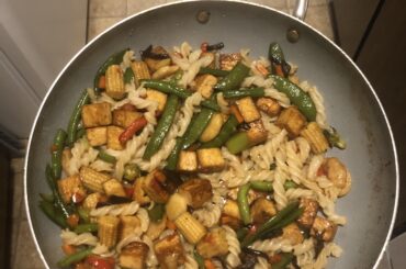 Veggie+tofu+rice pasta stirfry