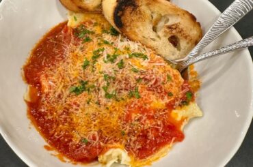 Fresh ravioli (homemade) with meatballs.