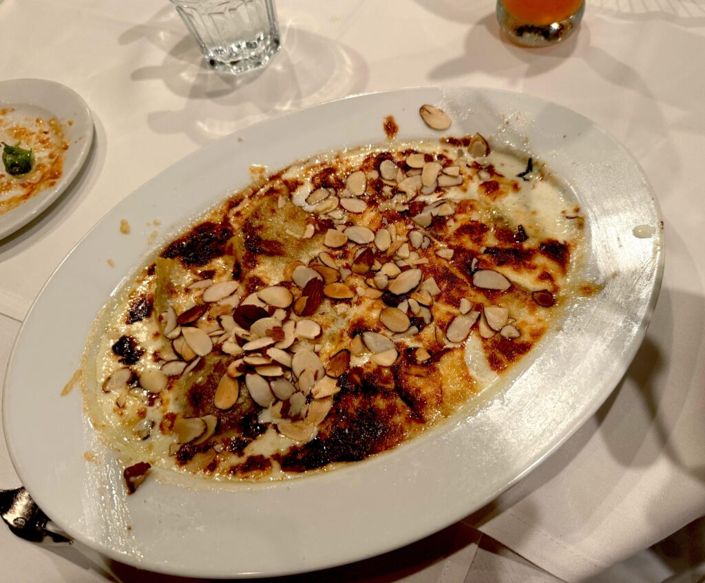 Tried something new called Susan’s Downfall, a cheese ravioli with roasted almonds on top.