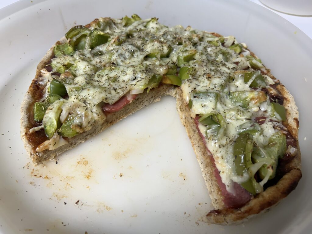 Best tasting pizza so far. Added ground flax seed to the dough for a healthier pizza and it turned out great.