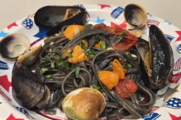 Squid ink pasta with seafood