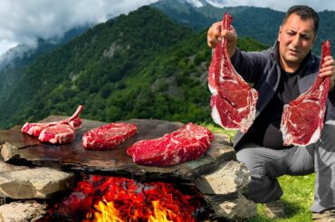 Roasting Juicy Beef Steaks on Hot Stones! Outdoors Cooking Alone in the Mountains