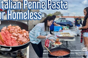 Cooking Italian Penne Pasta for the homeless