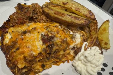 How about a British take on an Italian classic? Lasagna, chips and mayonnaise