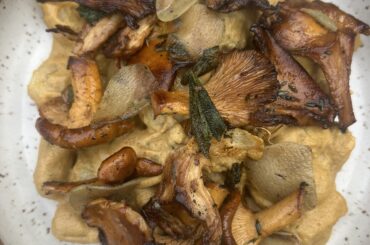 Gnocchi with lobster mushroom cream and chanterelles.