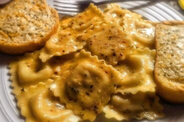 Lobster ravioli with a scampi-style sauce