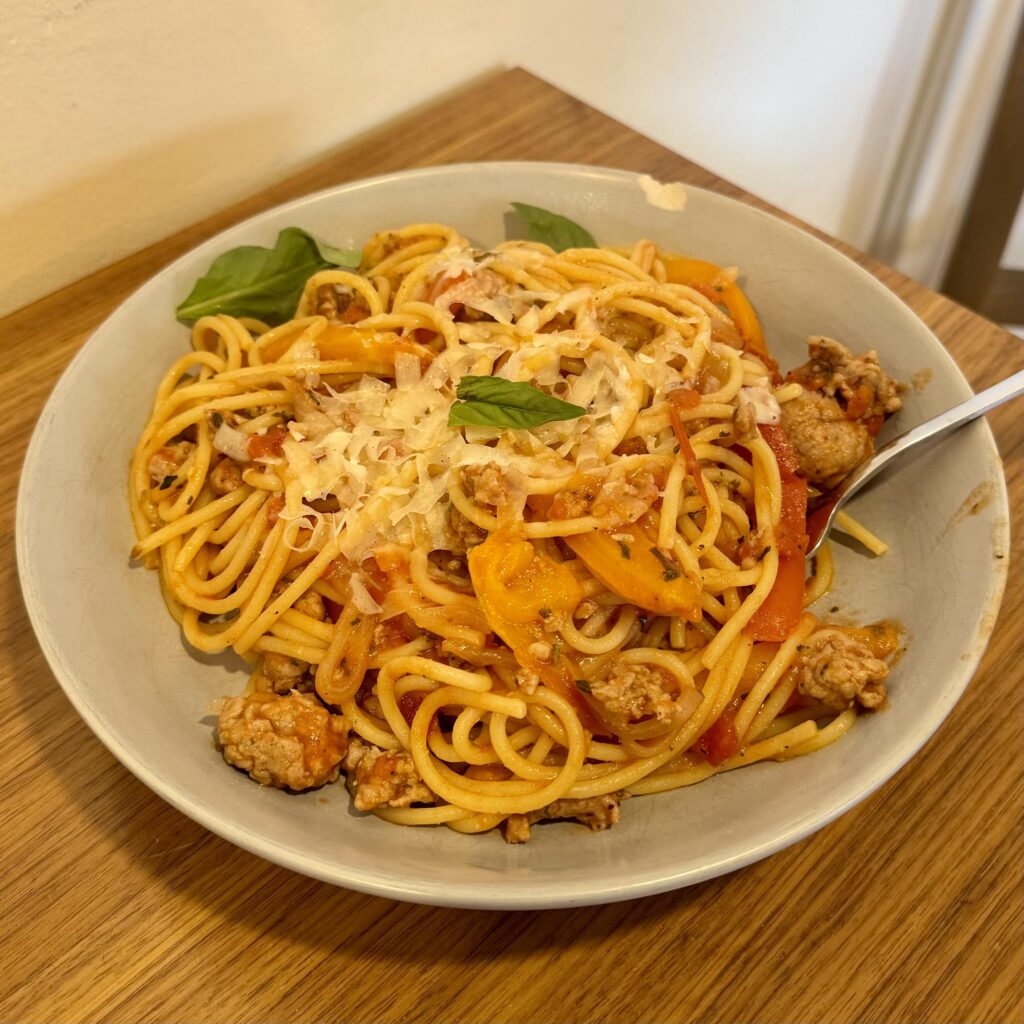 Spaghetti with sausage and peppers