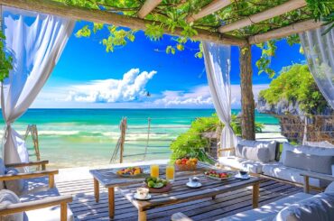 Relaxing Bossa Nova Jazz Piano Music & Calming Ocean Waves at Seaside Cafe Ambience for Good Moods