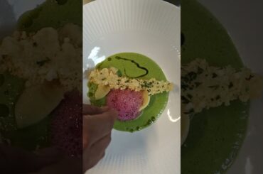 Italian fresh pasta, fagottini with creamy pesto sauce, berry foam and parmesan crisps.