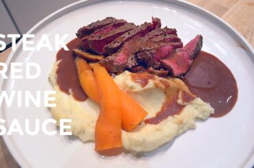 Steak in Red Wine Sauce - With Smashed Potatoes and Blanched Carrots