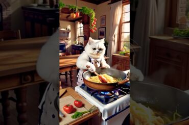 Fluffy White Cat Cooking Pasta Italian Style #cat #catshorts #funnycats