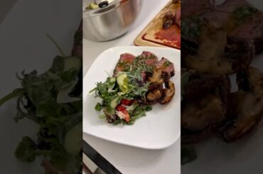 Grilled Tomahawk Steak with Chimichurri, Marinated Grilled Mushrooms and Arugula/Spring mix salad