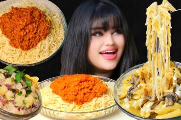 ASMR Mukbang Spaghetti Bolognese & Creamy Cheesy Pasta Alfredo | Italian Food Eating Sounds