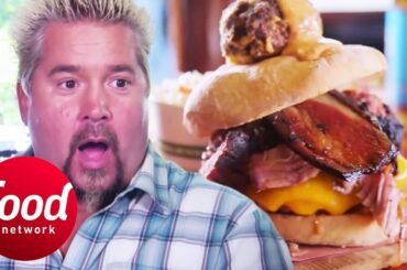 Guy Fieri Tastes The BBQ Meat-Filled WTF Burger | Diners, Drive-Ins & Dives