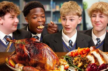British Highschoolers try FULL Thanksgiving Dinner!