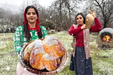 Baking Italian bread in the snowy weather of the village