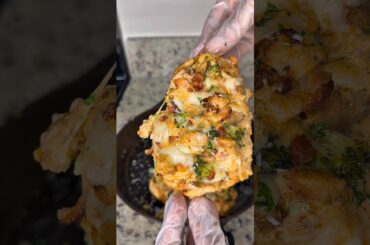 Chicken & shrimp Alfredo deep fried baked potato 🥔 recipe! #fyp #foryou #bakedpotato #chefflocko