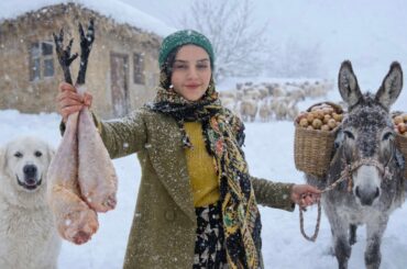 A snowy day in a mountain village; cooking turkey thighs