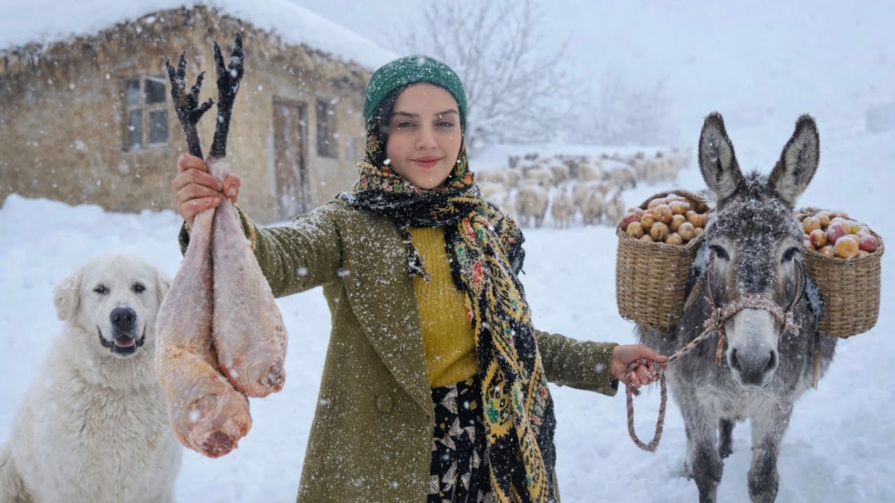 A snowy day in a mountain village; cooking turkey thighs A snowy day in a mountain village; cooking turkey thighs
