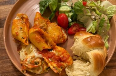 Italian Sausage and Three Cheese Stuffed Shells, Garden Salad, and Challah Bread