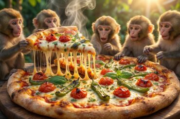 They Made a Giant Cheesy Pizza! 🍕 Monkeys Cooking Italian Food in Village