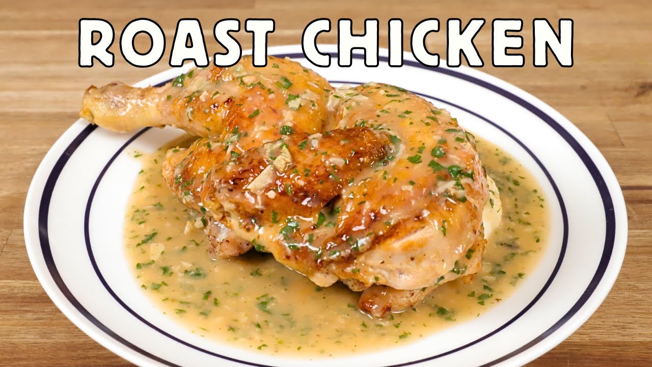 Roast chicken in half the time, silky mashed potatoes, confit garlic gravy Roast chicken in half the time, silky mashed potatoes, confit garlic gravy