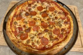 Homemade NY Style 16 inch pizza with Hot Sausage and Pepperoni…Made it last night…It was absolutely delicious!