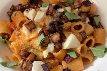 Mezzi rigatoni with tomato eggplant and mozzarella