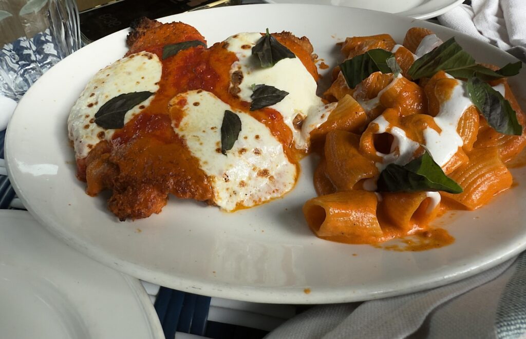 Rigatoni alla vodka with chicken parmigiana