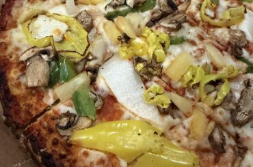 Healthy? Thin-crust Veggie: pineapple, banana peppers, mushrooms, peppers, and onions
