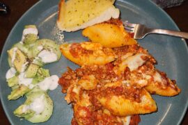 Stuffed shells with a tomato/garlic meat ragu!