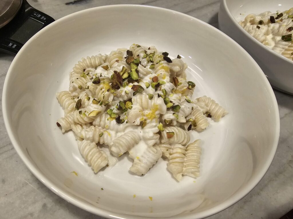 Lemon ricotta fussili with pistachios.