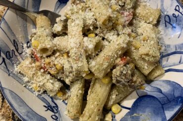 Rigatoni with Sausage, Basil Pesto, Roasted Corn and Peppers