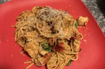 Brie rosé chicken linguini with roasted cherry tomatoes and garden basil