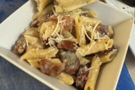 Penne Alfredo with bacon & Ukrainian sausage