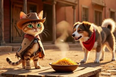 CAT and DOG eat SPAGHETTI from a bowl